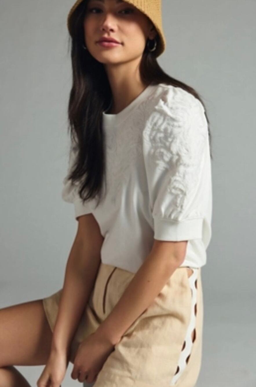 By Anthropologie Embroidered Puff Sleeve Womens Sweatshirt White Cotton S Small